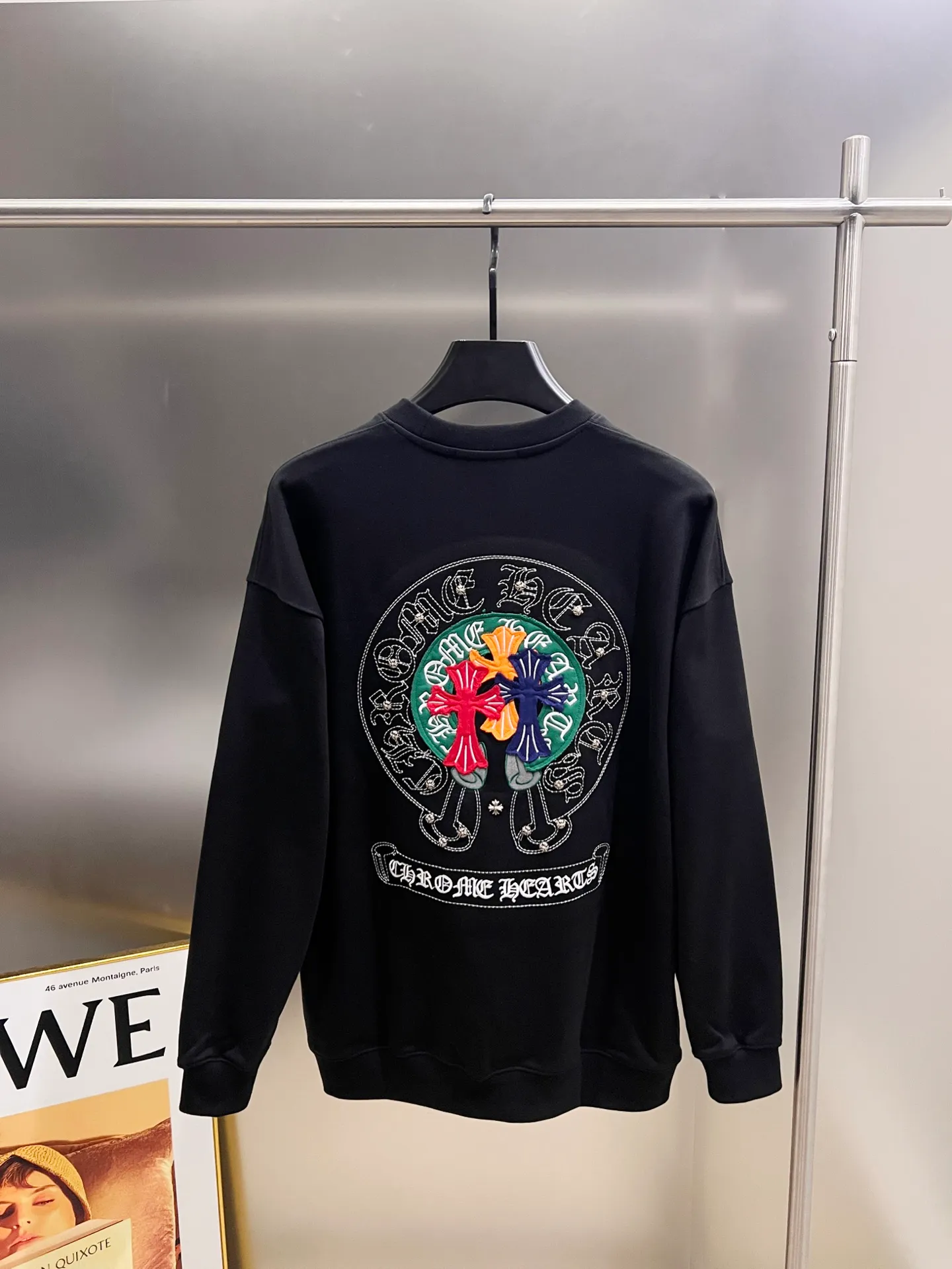 🅿️310 CH Cro 2025 Autumn and Winter New Style Customized 430g double yarn fabric, round neck long-sleeved sweatshirt, chest cross patch embroidery process, classic Sanskrit letter embroidery patch + hardware design process, high-end version! The same loose version for men and women S M L XL XXL five sizes color black white